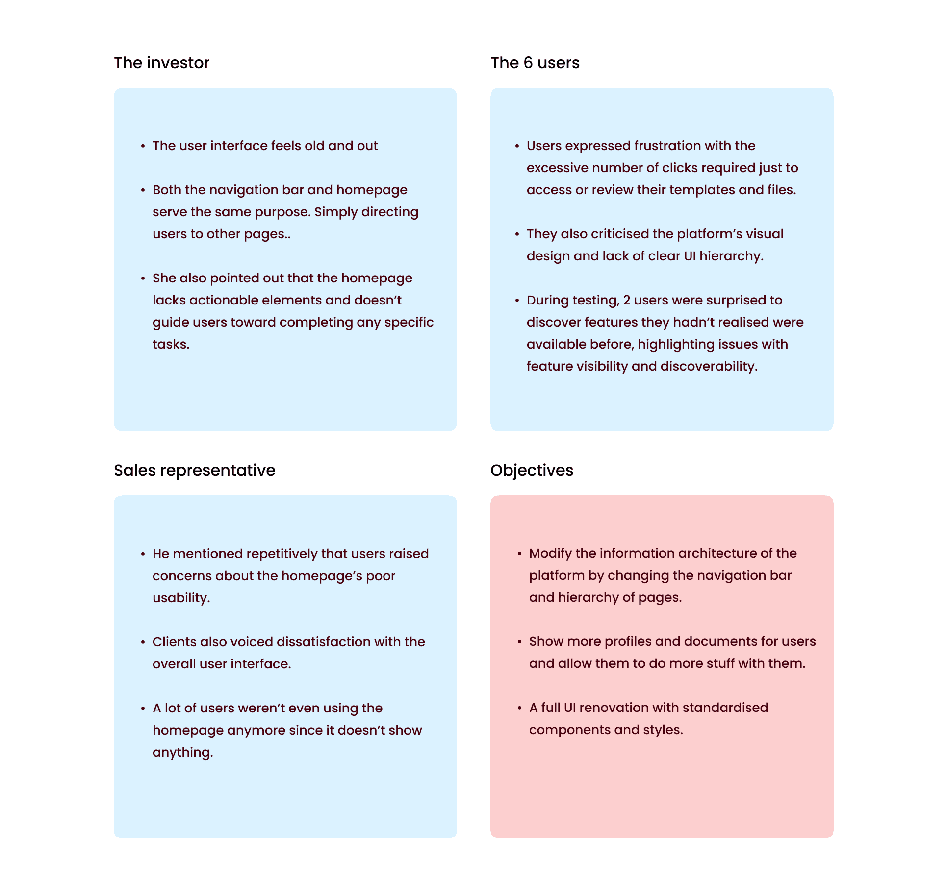 Homepage user research from the investor, users, sales rep and objectives